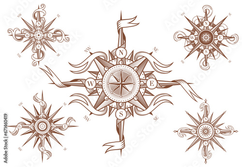 Vintage wind rose compass with medieval antique ribbons. Sea and ocean navigation direction sign, nautical cartography latitude or marine expedition wind rose sketch vector symbol, engraved emblem