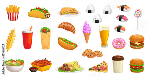 Cartoon fast food burger, drinks and pizza, hamburger and sandwiches, vector icons. Junk food or fastfood chicken and popcorn snack, soda or coffee, burrito and sushi with ice cream for fast food menu