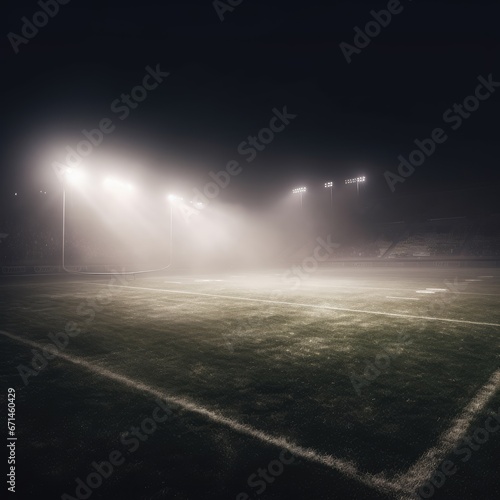 Soccer field with lights and fog Soccer stadium at night