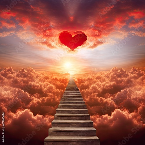 Staircase leading to heart shaped cloud in sky