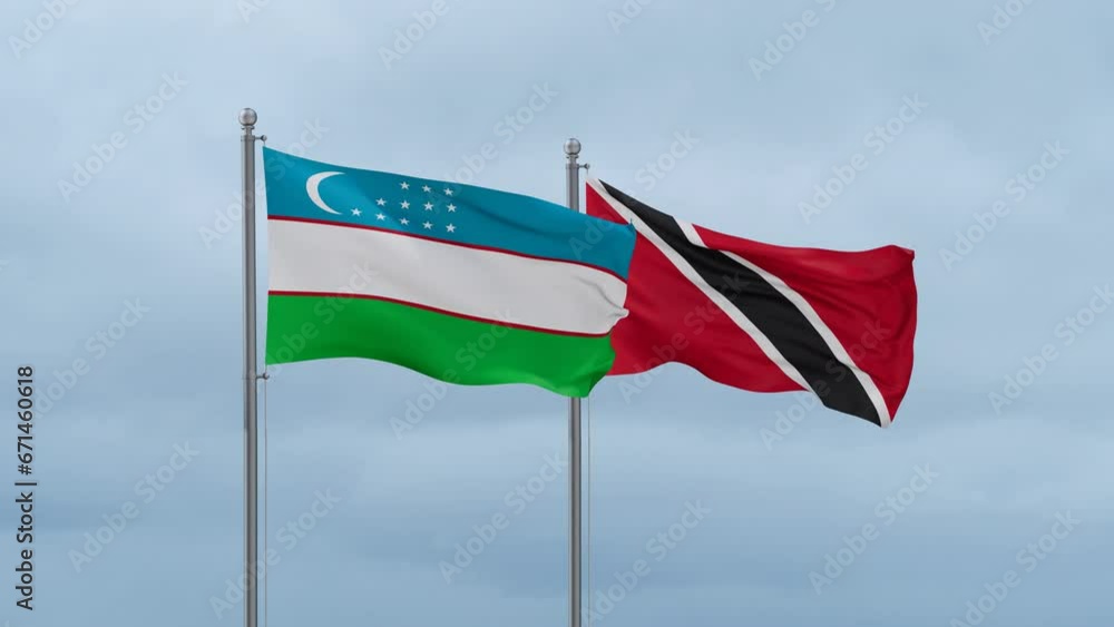 Trinidad and Tobago and Uzbekistan flag waving together on cloudy sky, endless seamless loop, two country cooperation concept Trinidad and Tobago and Uzbekistan flag waving together on cloudy sky, endless seamless loop, two country cooperation concept