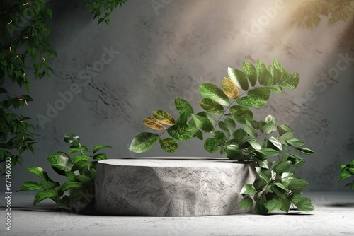 Small Stone and Plant Product Podium Evoking a Calming and Natural Ambiance