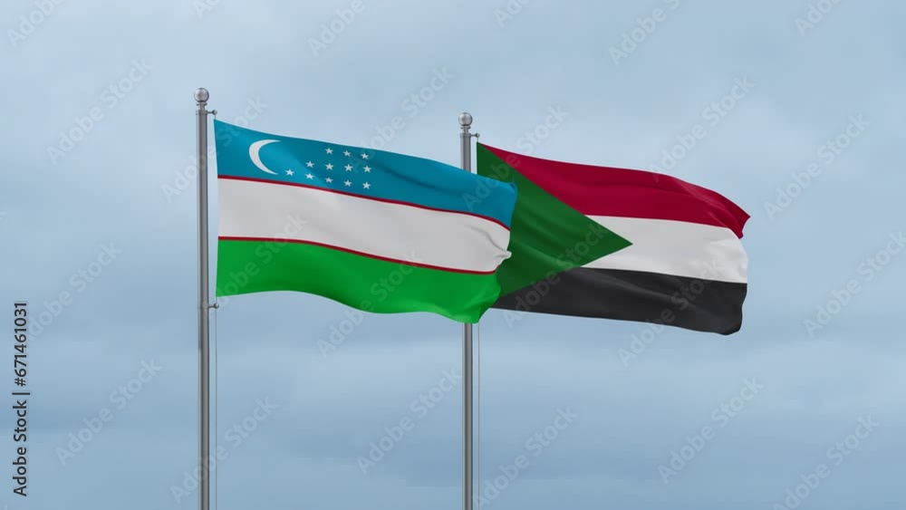 Sudan and Uzbekistan flags waving together on cloudy sky, endless seamless loop, two country cooperation concept Sudan and Uzbekistan flags waving together on cloudy sky, endless seamless loop, two country cooperation concept