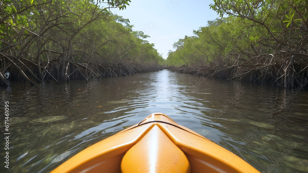 Fototapeta premium A yellow kayak's prow in the mangrove forest.