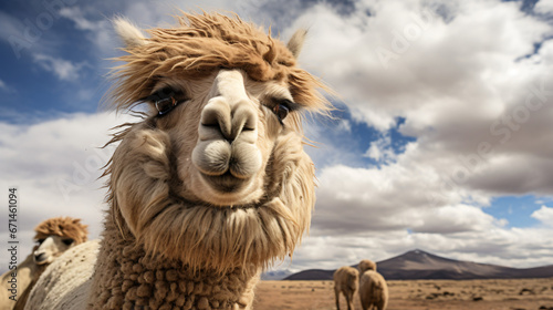 Humorous South American camelid on a gusty day