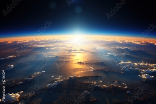 Planet Earth with a breathtaking sunset. View from space. Generated by artificial intelligence