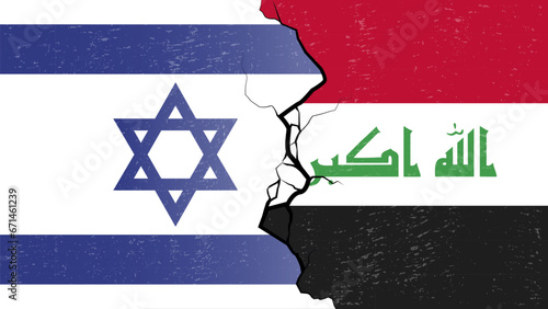 Iraq–Israel proxy conflict with flags and cracked texture