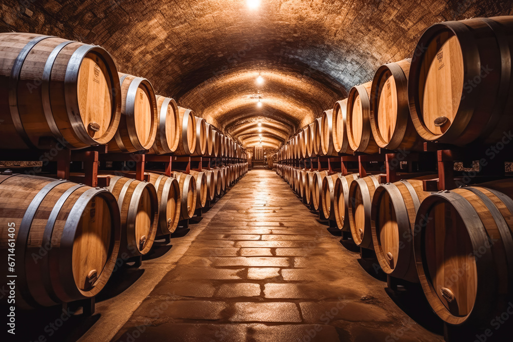 Rows of old wooden casks in a wine cellar, long hall of stored wine in the wine basement, wine storage for taste testing and sale