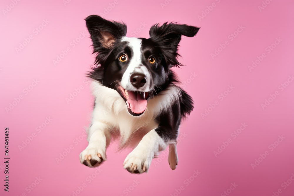 border collie dog jumping on pink background horizontal banner copy space right