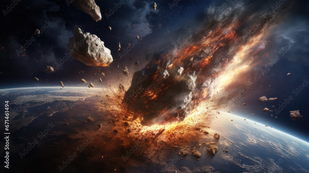 asteroid hitting earth disaster space illustration horizontal banner - obrazy, fototapety, plakaty 