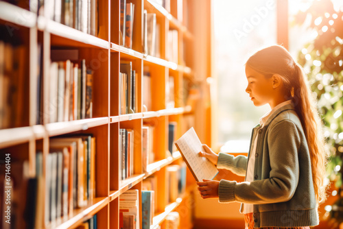 Beautiful young girl student searching and choosing books from bookshelf in school library, picking out the right book