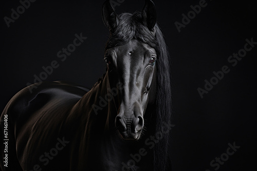 Portrait of a black beautiful stallion on a dark background.black horse close-up with space for text
