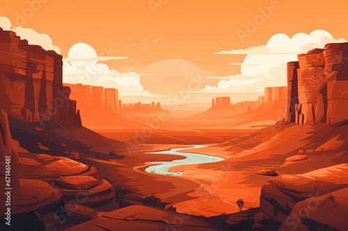 canyon national park landscape flat illustration in orange colors. Travel in USA poster. 