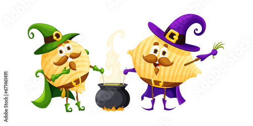 Cartoon Halloween italian pasta wizard characters. Isolated vector conchiglie macaroni personages dressed in witch costumes, casting spells and stirring up cauldron with magical potion or brew