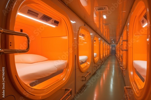 Futuristic interior of a train with sleeping pods. Capsule hotel interior in future airport with neon orange light.
