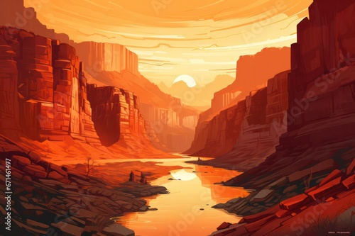 canyon national park landscape flat illustration in orange colors. Travel in USA poster. 