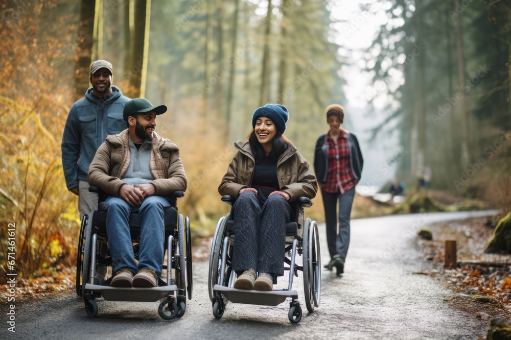 diverse people with reduced mobility using wheelchairs traveling in nature on adventure. Active lifestyle and inclusivity. diverse people with reduced mobility using wheelchairs traveling in nature on adventure. Active lifestyle and inclusivity.