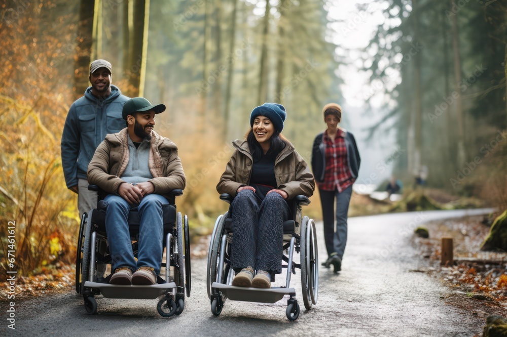 diverse people with reduced mobility using wheelchairs traveling in nature on adventure. Active lifestyle and inclusivity.