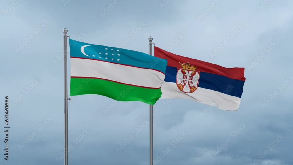 Republic of Serbia and Uzbekistan flag waving together on cloudy sky, endless seamless loop, two country cooperation concept Republic of Serbia and Uzbekistan flag waving together on cloudy sky, endless seamless loop, two country cooperation concept