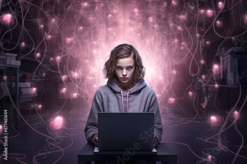 girl stressed with laptop. Cyberbullying illustration. Influencer, anxiety, teenager, pressure and stress concept.