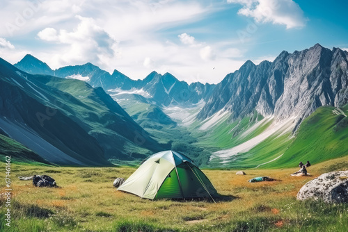 Tourist camping tent surrounded by stunning nature of mountains in the background, nature lover, adventure camping, foreground