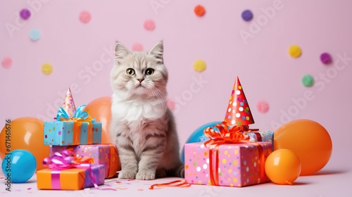 Cute cat in party hat and confetti on color background © Mas