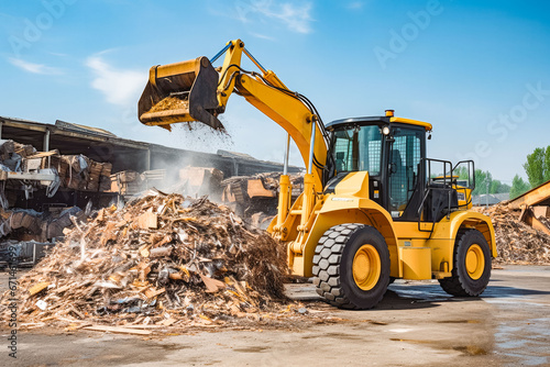 Yellow wheel loader with lifted scrap grapple moving a pile of garbage on construction site, construction work vehicle photo
