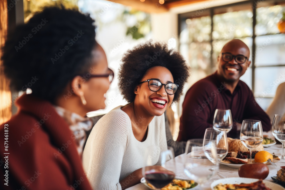 African American family dinner during thanksgiving day. Happy people celebrating holiday, eating and laughing together