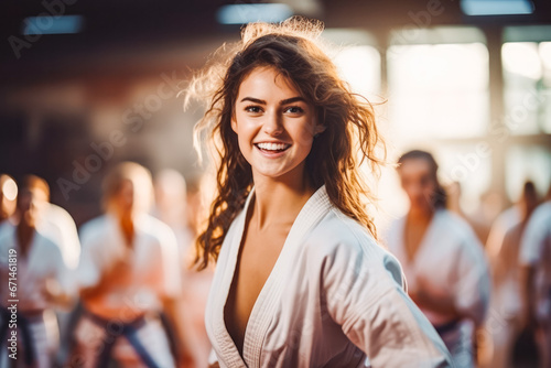 Beautiful young woman in her white kimono training karate or jiujitsu or judo or wrestling and smiling, asian martial art group training photo