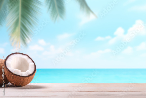 Fresh coconut slice on a sunny tropical island with pastel natural background. The exotic scene offers copy space for text placement. Generative AI
