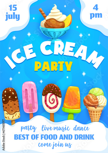 Ice cream kids party flyer with sundae, icecream stick and cone, vanilla and chocolate, vector background. Kindergarten birthday party poster or invitation flyer with sweet frozen dessert of ice cream