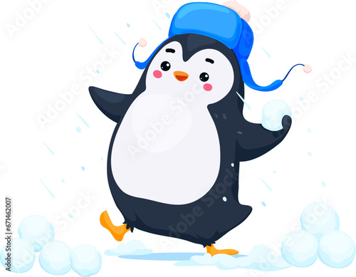 Cartoon cute funny penguin character wearing ear flaps hat, having fun throwing snowballs. Vector playful, and amusing baby bird personage playing snow battle bringing joy in the winter wonderland