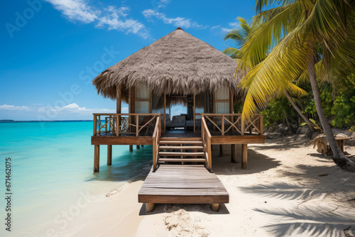 Private of tropical beach hut over turquoise sea water on Tropical Island photo