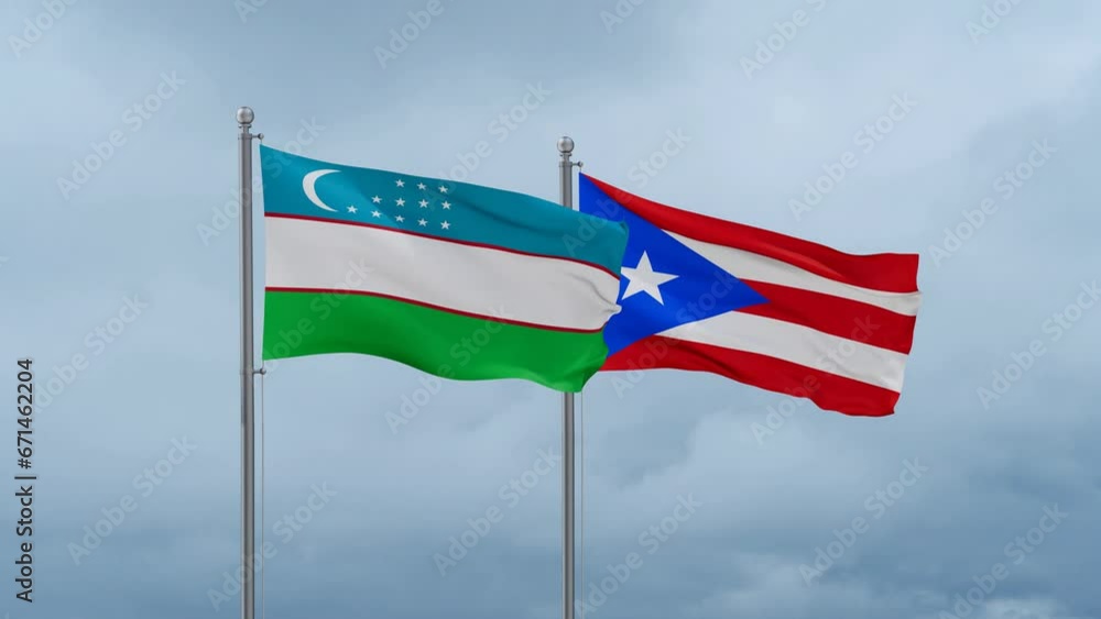 Puerto Rico and Uzbekistan flag waving together on cloudy sky, endless seamless loop, two country cooperation concept Puerto Rico and Uzbekistan flag waving together on cloudy sky, endless seamless loop, two country cooperation concept