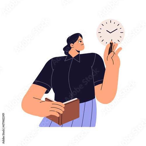 Time management. Efficient worker planning in planner. Employee looking on clock, compose timetable, take note. Productivity lifestyle. Work organization. Flat isolated vector illustration on white
