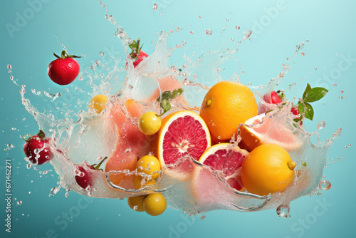 Colorful Fruit with water splashing in a studio setup on pastel background. Healthy organic fresh food concept. Generative AI