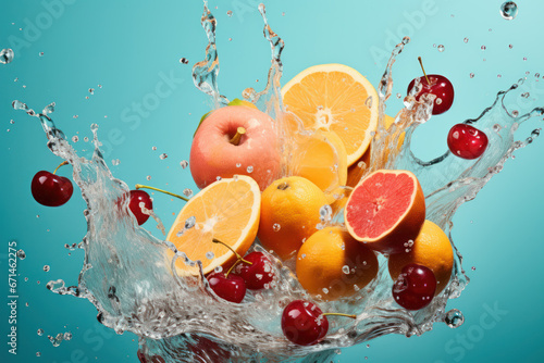 Colorful Fruit with water splashing in a studio setup on pastel background. Healthy organic fresh food concept. Generative AI