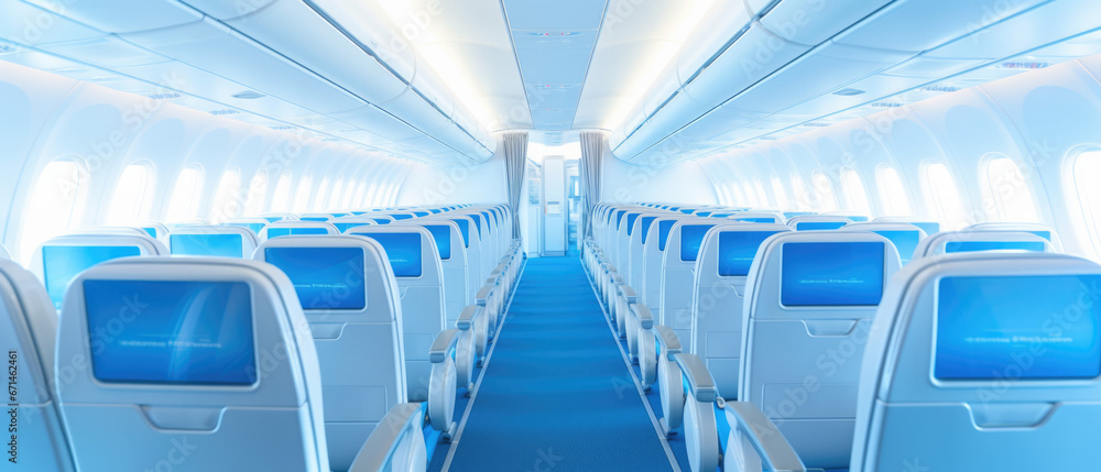 Fototapeta premium Modern Airplane seats in perspective. Transportation concept. Aircraft's corridor interior in modern tones.