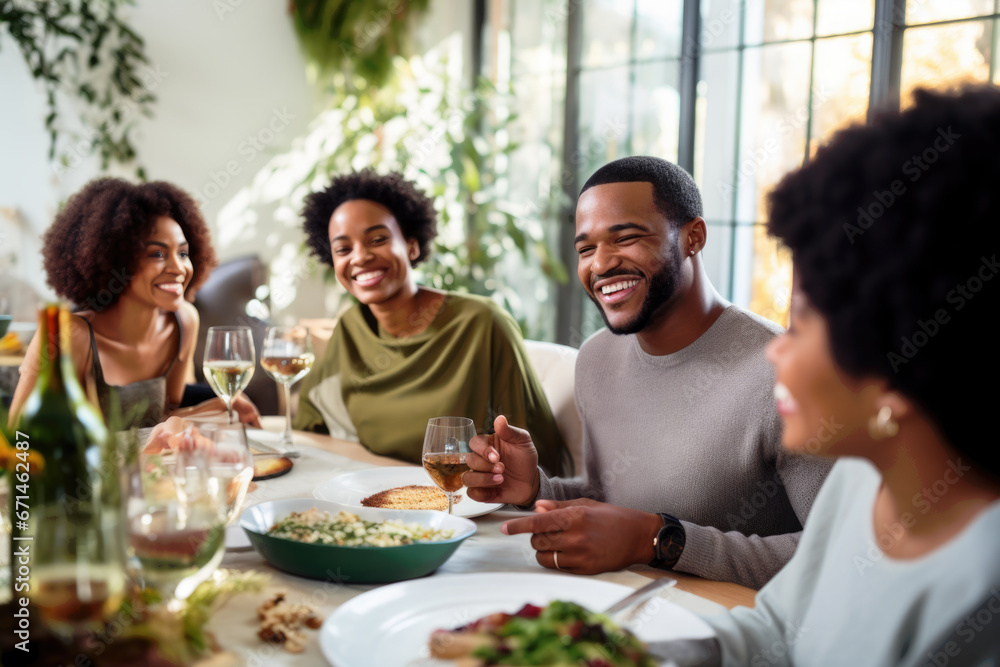 African American family dinner during thanksgiving day. Happy people celebrating holiday, eating and laughing together African American family dinner during thanksgiving day. Happy people celebrating holiday, eating and laughing together