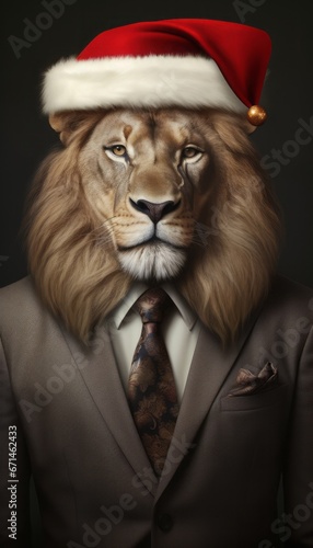 Fashionable antropomorphic portrait of lion. Lion in business suit and with Santa hat on his head. Dark background. © Dragan
