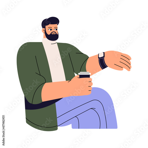 Time management concept. Worker on coffee break looking on watch, planning work clock. Freelancer sitting, hold drink cup. Efficient, productivity lifestyle. Flat isolated vector illustration on white