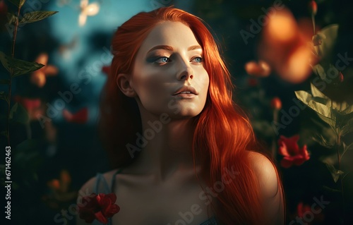 Beautiful red hair girl model. Pretty woman model beauty outfit. Generate Ai