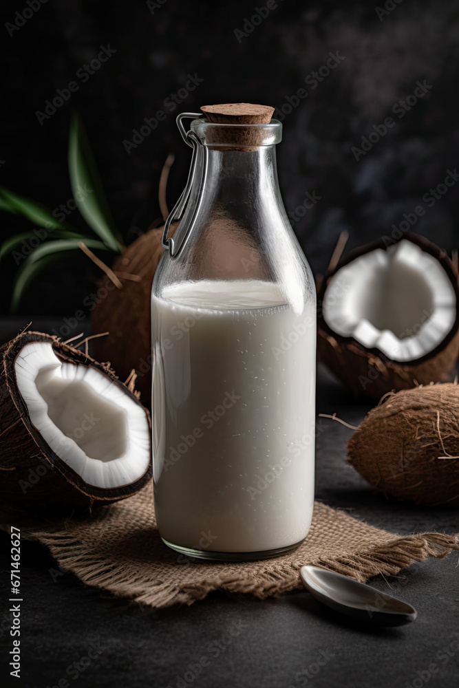 A bottle of coconut oil next to a coconut shell A bottle of coconut oil next to a coconut shell