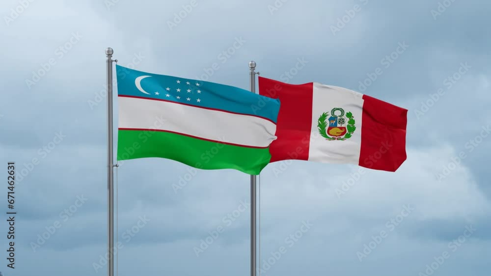 Peru and Uzbekistan flags waving together on cloudy sky, endless seamless loop, two country cooperation concept Peru and Uzbekistan flags waving together on cloudy sky, endless seamless loop, two country cooperation concept
