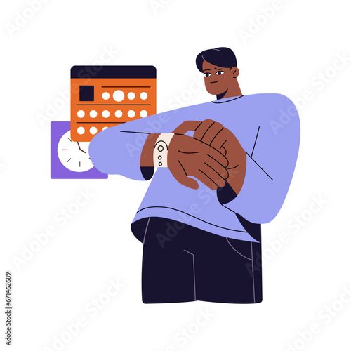 Time management. Worker organizes timetable, schedule. Employee planning work clock. Business man appoints event in calendar by smart watch. Flat isolated vector illustration on white background
