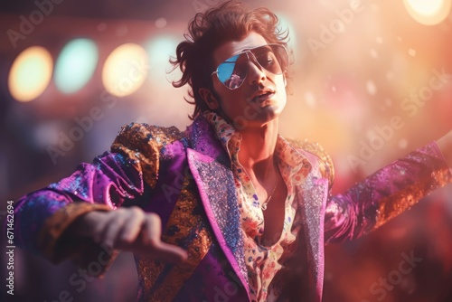 Man dancing rock in sunglasses. Retro person on vintage disco party. Generate AI