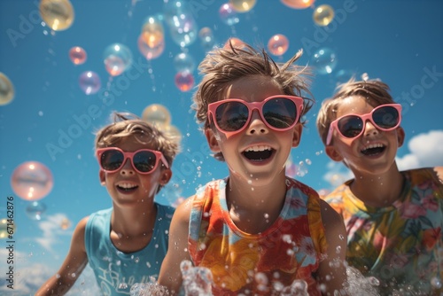 Portrait of three fashion trendy happy teen boy kids children in the swimming pool, bright sunglasses, colorful swimwear, carefree day, pool party © Soffee