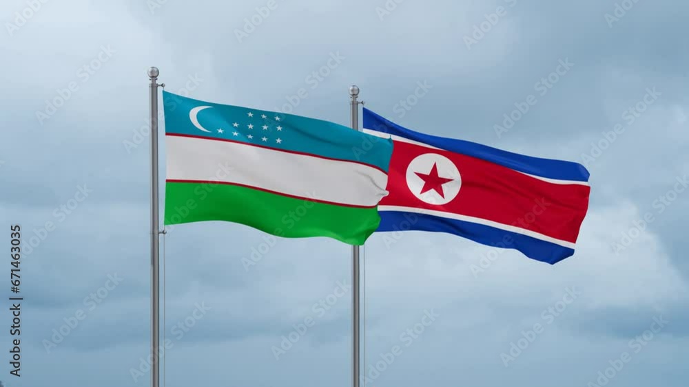 North Korea and Uzbekistan flag waving together on cloudy sky, endless seamless loop North Korea and Uzbekistan flag waving together on cloudy sky, endless seamless loop