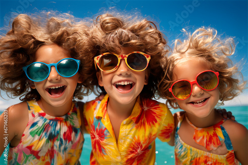 Happy and cheerful children have fun near the swimming pool. Funny kids playing outdoors. Summer vacation concept