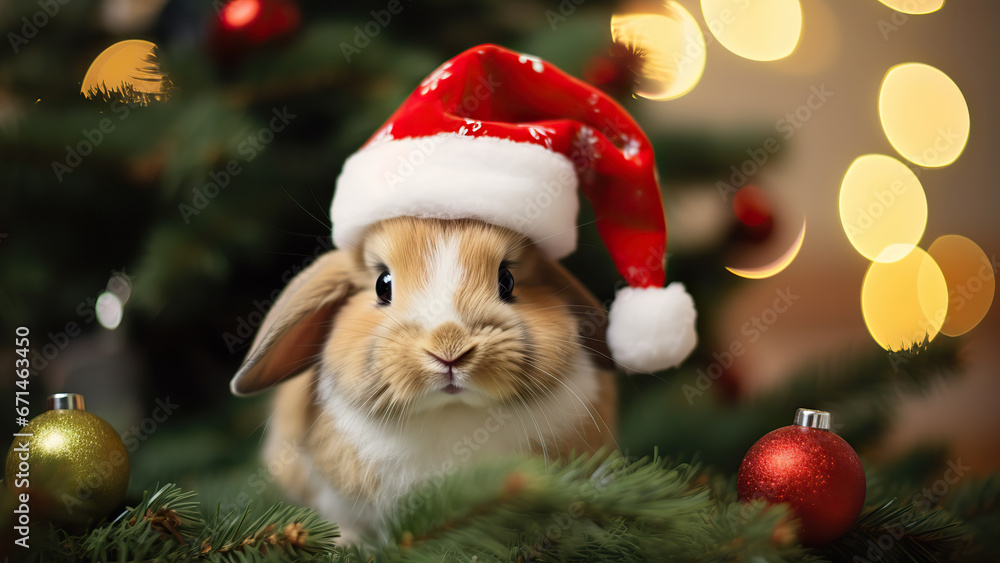 Photo of a cute rabbit in a Santa Claus hat on a New Year's background Photo of a cute rabbit in a Santa Claus hat on a New Year's background